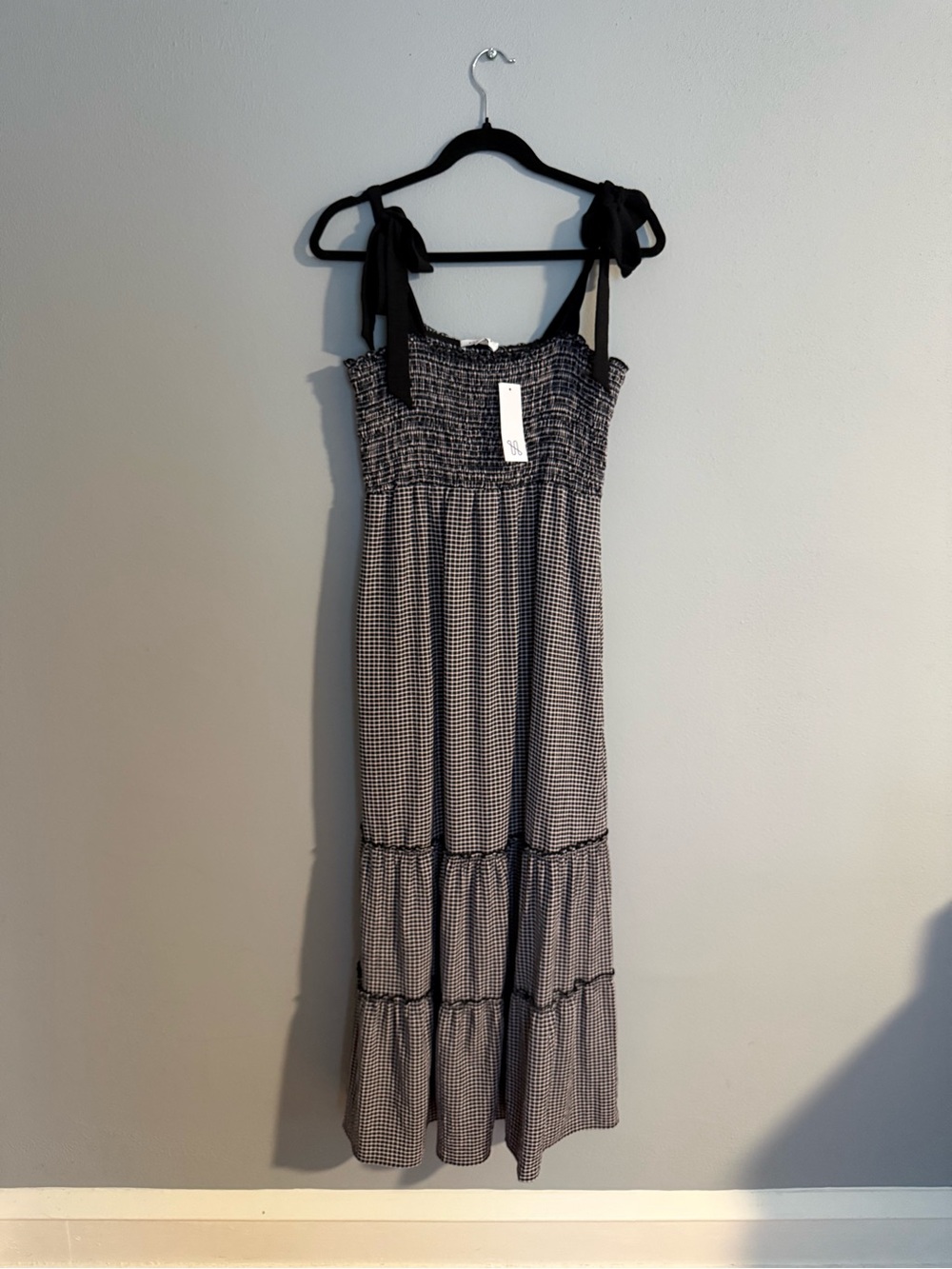 Gilli Black and White Gingham Smocked Tie-Shoulder Maxi Dress